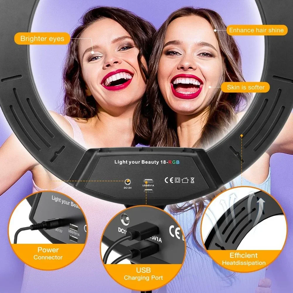 RGB Ring Light 18 inch with Tripod Stand (2700-7000K) for Phone Camera iPad Self